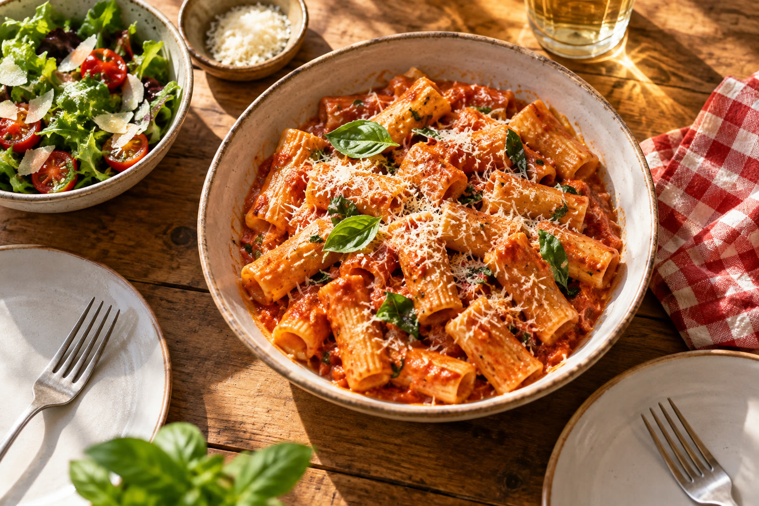 Illustrative dinner table with creamy tomato pasta, basil, salad, and two place settings